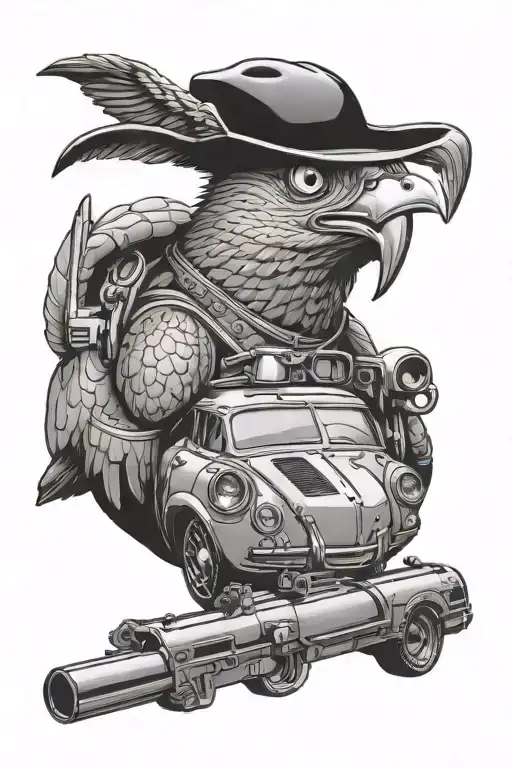ozzy, porsche 911, goose holding gun tattoo design idea
