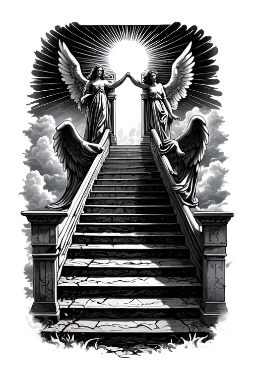 stairway to heaven walking up stairs angels sun rays clouds heaven gate at the top of the stairs  tattoo design idea