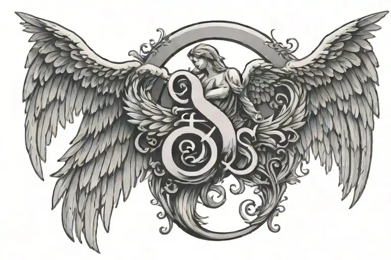 letter s with a tail halo above it and angel wings spread tattoo design idea