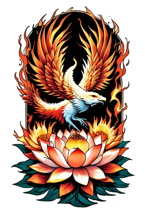 fiery Phoenix rising with lotus flowers tattoo design idea
