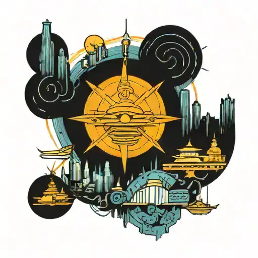 A new-school design combining elements of Avatar Last Air Bender and Cincinnati skyline in a futuristic and imaginative way tattoo design idea