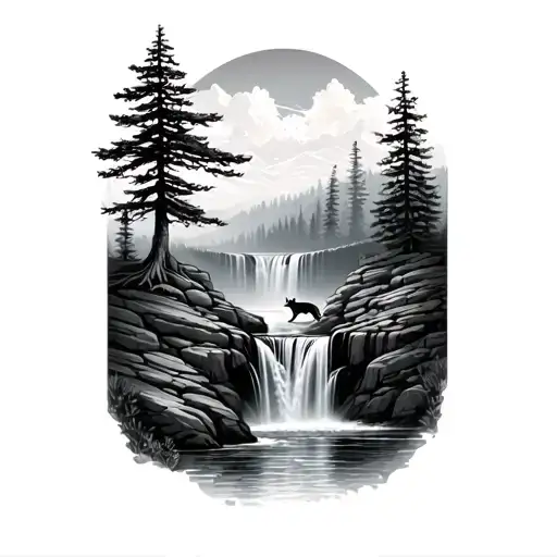 A realistic black and grey tattoo of a serene waterfall cascading down a rocky cliff, with a hidden fox peeking out from behind a tree tattoo design idea