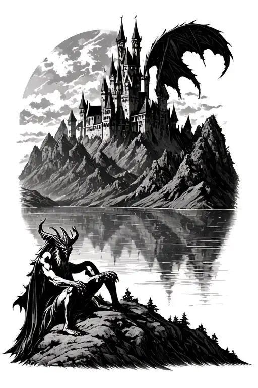 A demon sitting on a mountain with a lake landscape and beahind it a big gothic castle  tattoo design idea
