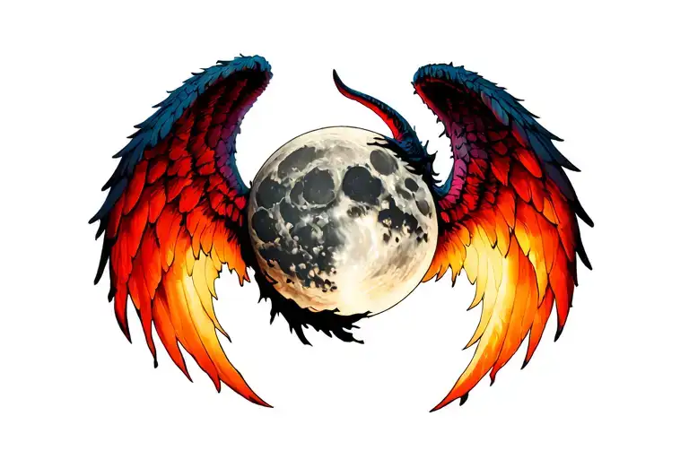 Moon, Angel Wing and Devil tattoo design idea