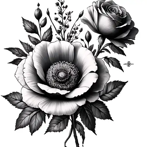 +BAMBA, +PINK COSMO, +PINK BLOSSOM, +BLUE LARKSPUR, +RED POPPY, +RED ROSE, +PURPLE ASTER, +THORNS, +yellow 3D cross, tattoo design idea