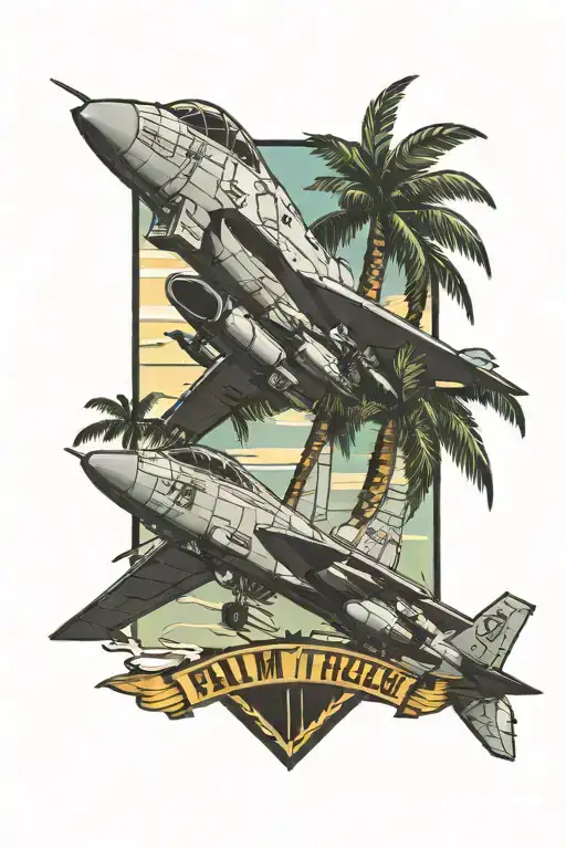 palm tree, Lexington class aircraft carrier, fighter jet, Hawaii tattoo design idea