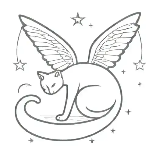 black cat, angel wings, white chest, grey stripes, half moon, stars tattoo design idea