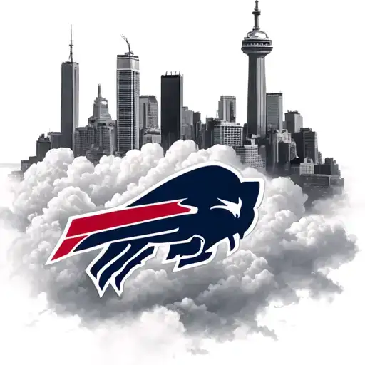 A buffalo Bills logo morphing into a Toronto skyline, with soft, dreamy clouds surrounding it tattoo design idea