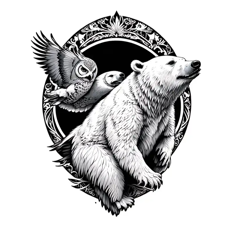 polar bear and owl flying tattoo design idea