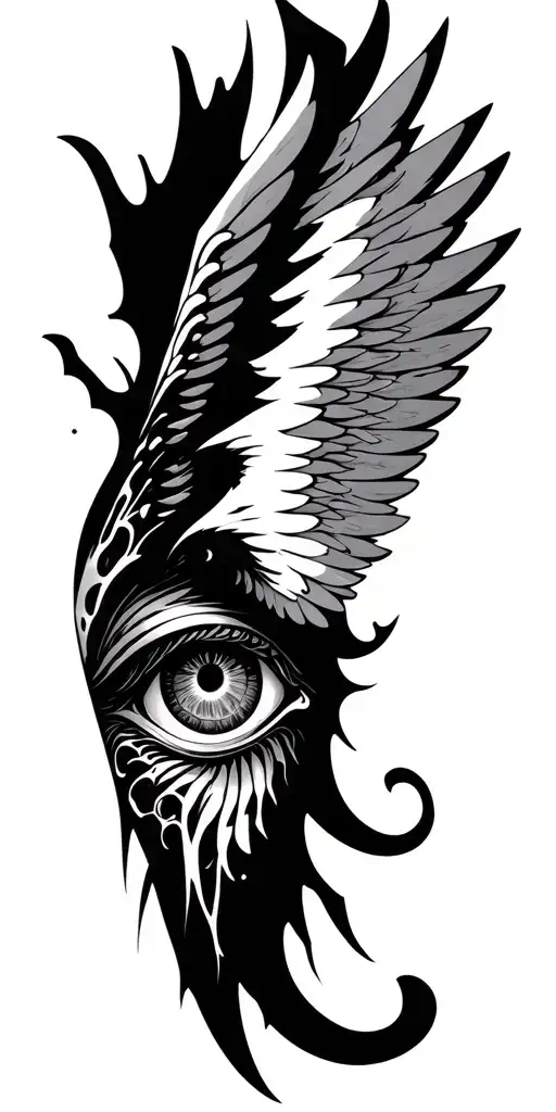 Black and white tattoo sleeve, biomechanical wings on forearm, religious symbolism (broken tablets, mechanical eye of pr tattoo design idea