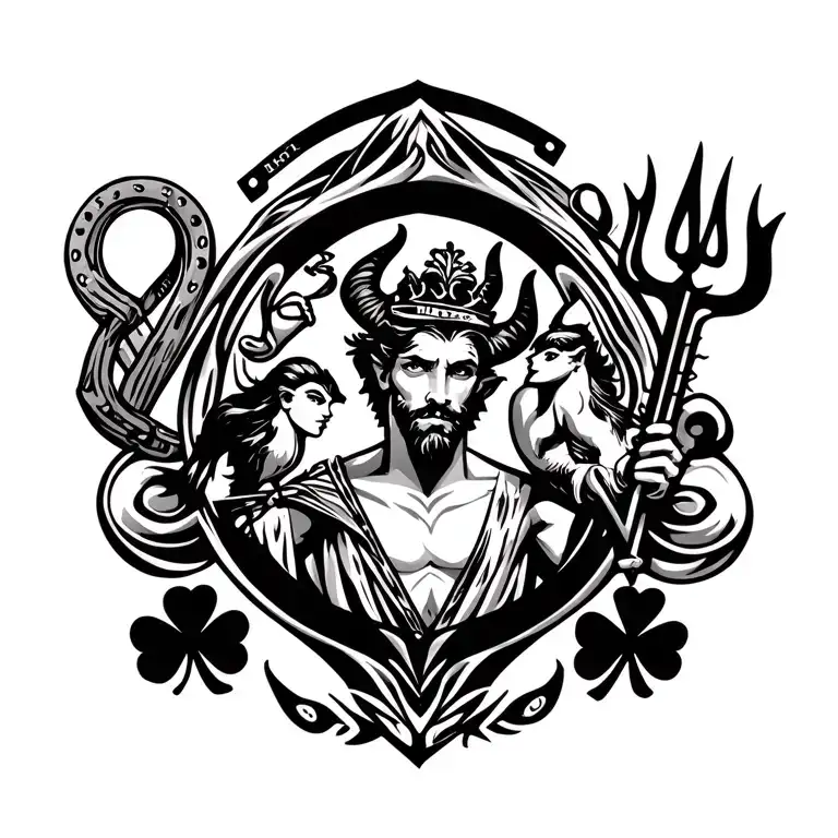 harp and robin and shamrock and horseshoe and butterfly and man utd devil holding trident  tattoo design idea