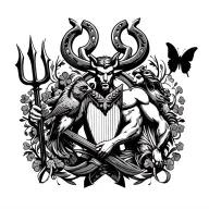 harp and robin and shamrock and horseshoe and butterfly and man utd devil holding trident  tattoo design idea