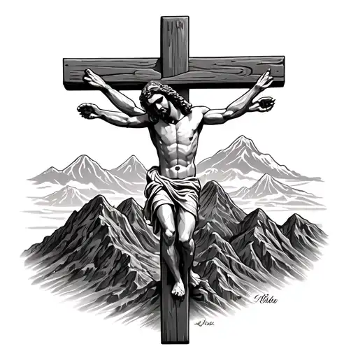 jesus on a cross tattoo with mountains  tattoo design idea