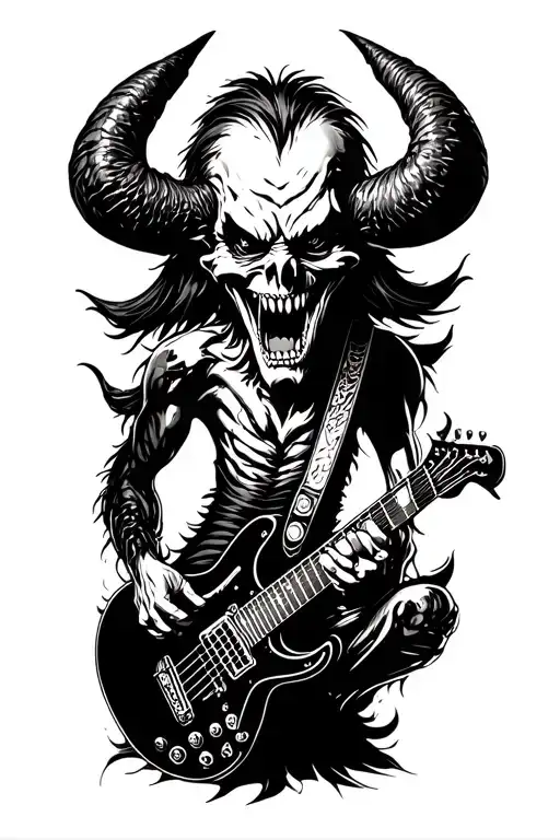 Dark demon without horns, smiling with crooked teeth. Playing a death metal 6-string electric guitar.  tattoo design idea