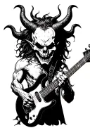 Dark demon without horns, smiling with crooked teeth. Playing a death metal 6-string electric guitar.  tattoo design idea