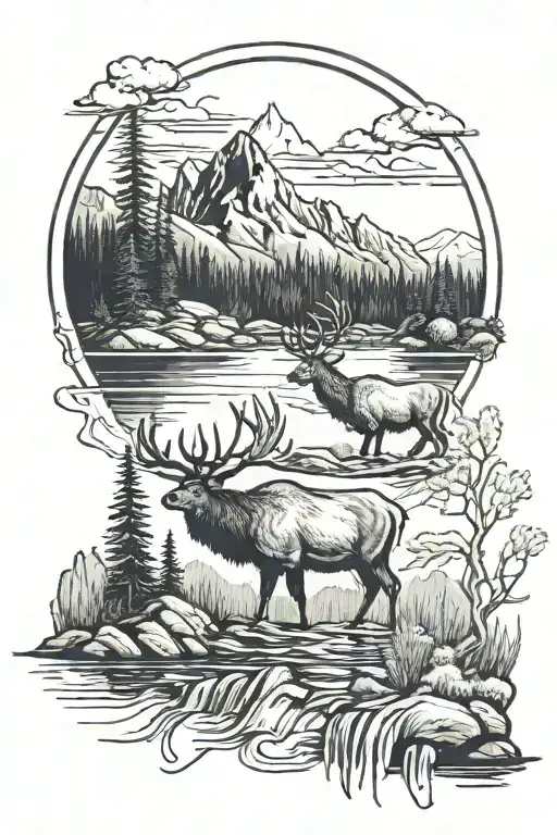 mountain lake surrounded by mountains with a fish and elk tattoo design idea