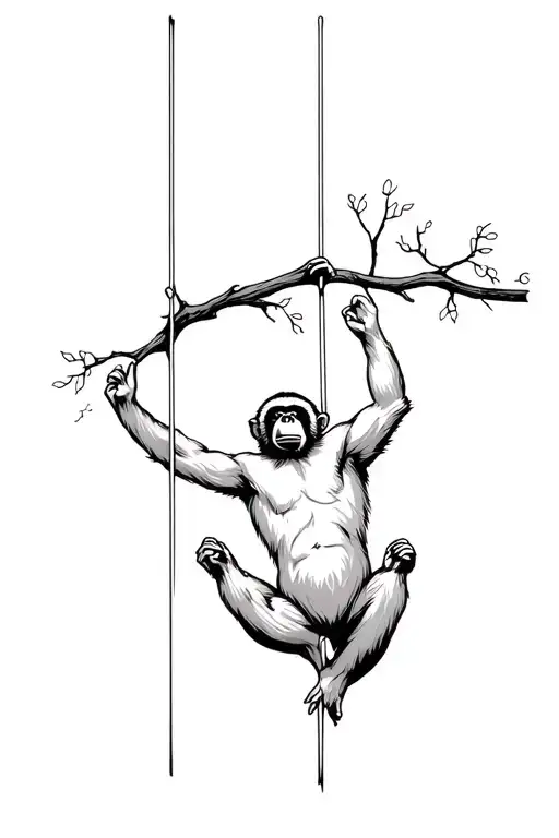 gibbon monkey, swinging, one hand on branch, one hand free tattoo design idea