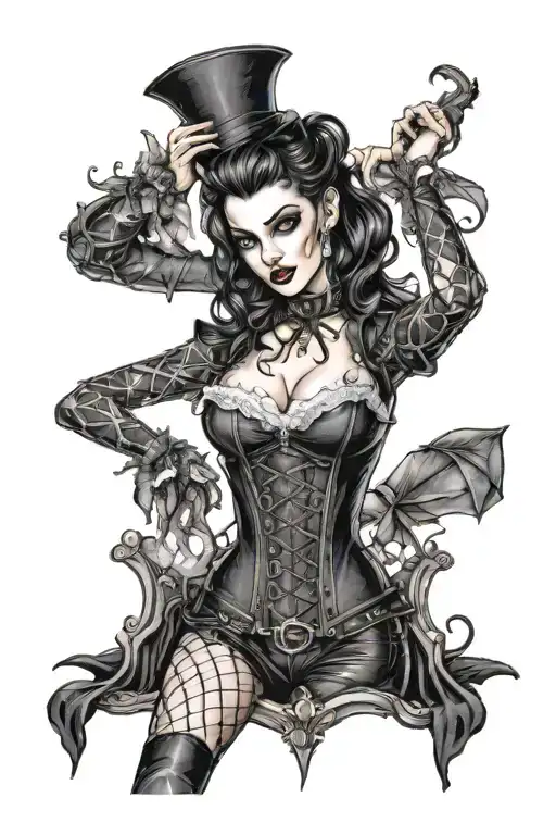 male vampire bitting gothic pinup girl whom is wearing a corset and fishnet leggings tattoo design idea