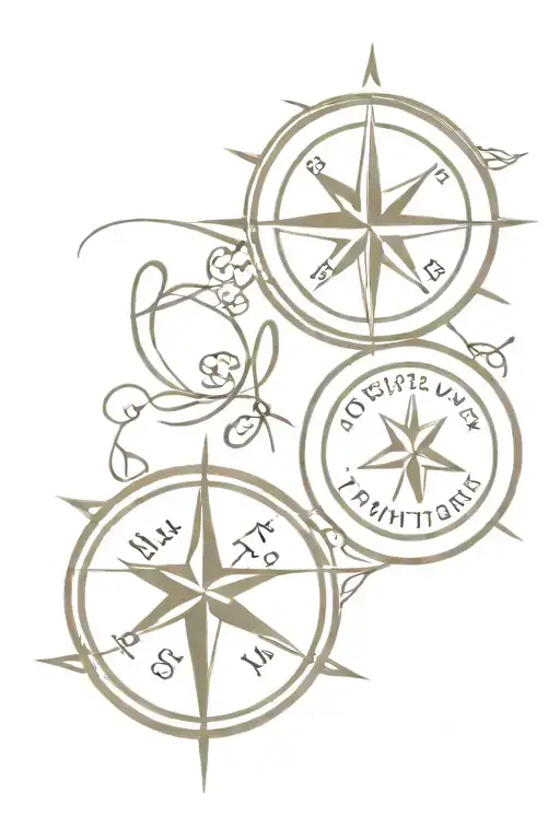 Matching tattoos of a compass rose surrounded by beach waves and coffee beans, with the wedding date in Roman numerals tattoo design idea