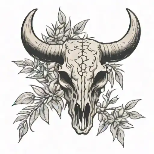 bull skull with olive branch and grain plant growing through the eyes tattoo design idea