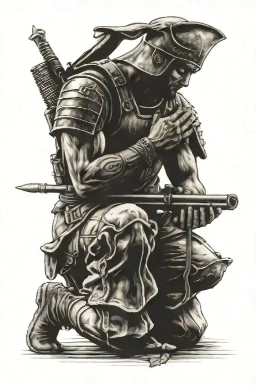A tattoo of a warrior kneeling in prayer, embodying the client's dedication to Christianity and the military tattoo design idea