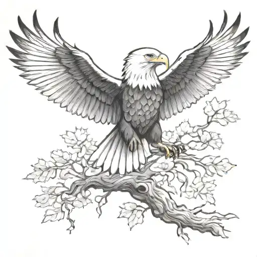 bald eagle with water and trees and American flag  tattoo design idea