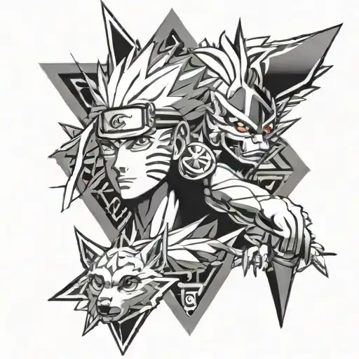 Angry Naruto on top and Kurama on the bottom with triangular shape tattoo design idea