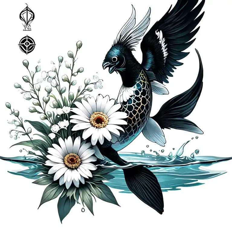 jumping Up out of water black white koi with phoenix wings, bouquet with an aster, a daisy, a lily of the valley tattoo design idea