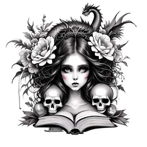 gothic girl, flowers, dragon, skulls, books, hour glass, tiger tattoo design idea