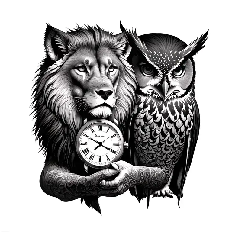 the lion and the wolf and the owl holds a broken watch and tattoo design idea