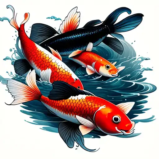 Irezumi traditionna Black and grey black bars,water,black koi fish swimming upstreama red koi fish  and blue koi tattoo design idea