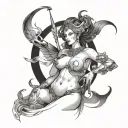 Goddess Nemesis, with a sculpted body and bare breasts, full-length tattoo design idea