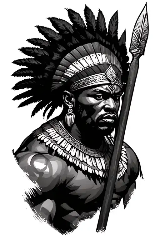 muscular African warrior with head head dress with a spear tattoo design idea