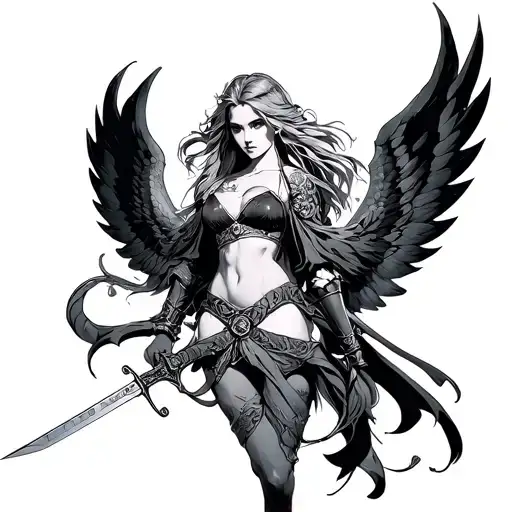 Valkyrie profile with wings and sword intertwined tattoo design idea