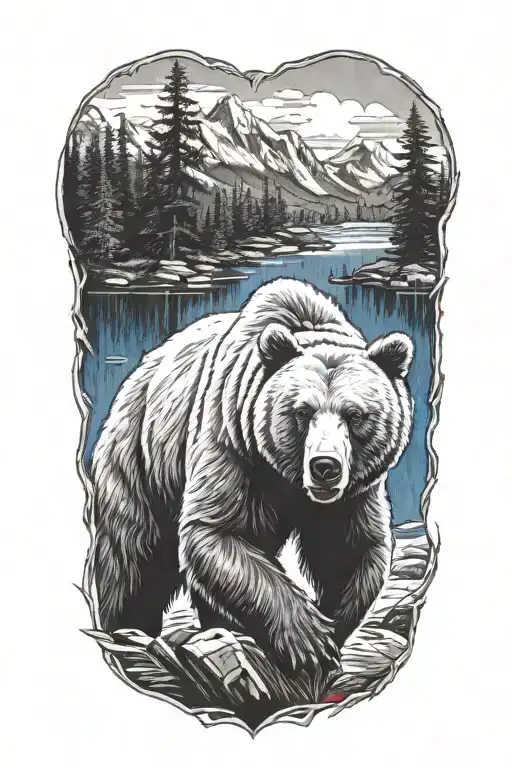 bear, white blue and red shades, forest, mountains, river tattoo design idea