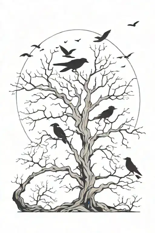 dead tree with ravens and moon  tattoo design idea
