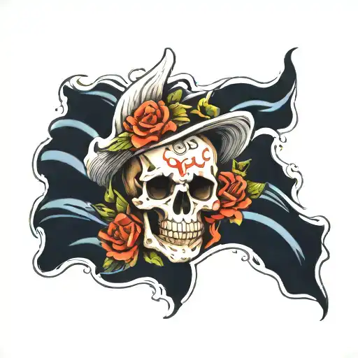 waves, skull, balinese fun tattoo design idea