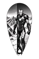 “Iron Man in black & grey, heroic pose, Alps in background, bib 1172 on arm, 10:34:50 below arc reactor, vertical tattoo tattoo design idea