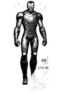 “Iron Man in black & grey, heroic pose, Alps in background, bib 1172 on arm, 10:34:50 below arc reactor, vertical tattoo tattoo design idea