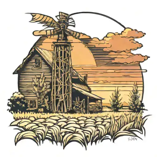 farm scene cornfield barn sunset large cornstalk framing scene tattoo design idea