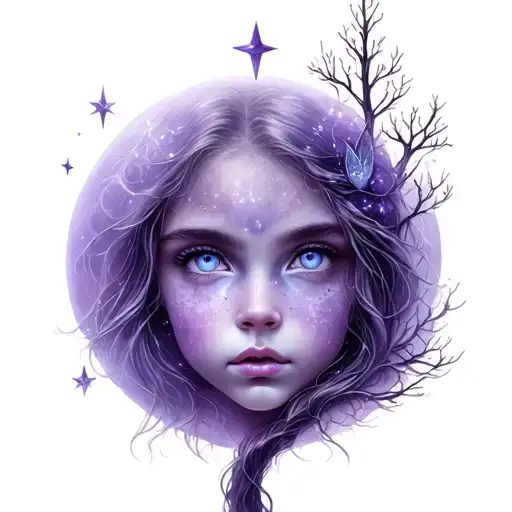 moon, purple fairy with blue eyes, stars, tree. tattoo design idea