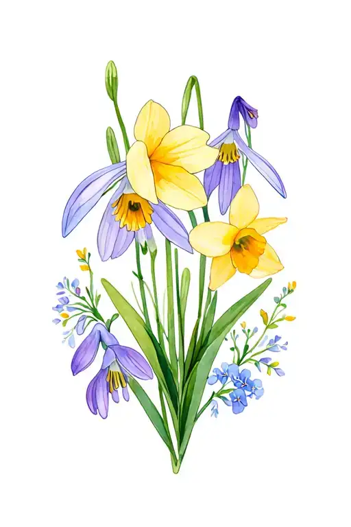 generate the custom floral tattoo design with the Snowdrop, Violet, Daffodil, Sweet Pea, and Forget-Me-Not in fine line  tattoo design idea