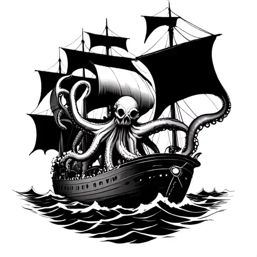Gothic style octopus sinking a ship tattoo design idea