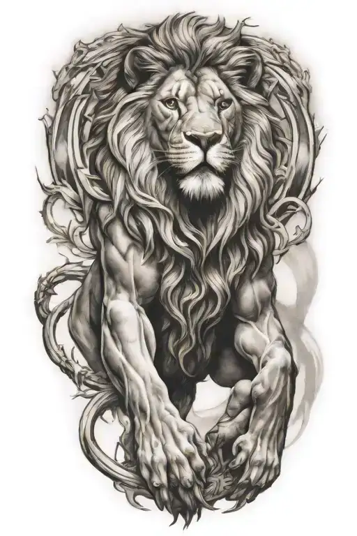 lion Atlas with human body holding up the world tattoo design idea