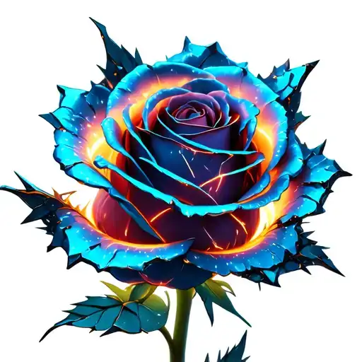 "A stylized electric-blue rose with glowing neon veins, intertwined with jagged metallic petals resembling shattered ste tattoo design idea