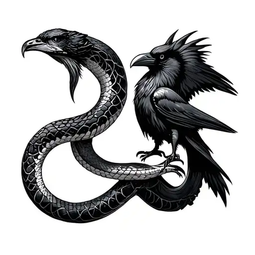 snake and raven intertwined and facing each other tattoo design idea