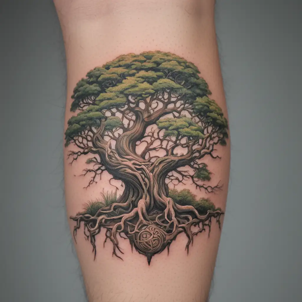 Yggdrasil Tree with entertwined roots forming around it tattoo design idea