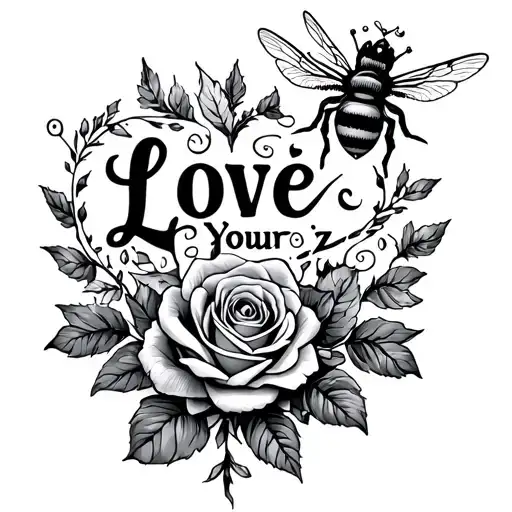 the words Love Yourz with Roses and Bee with crown on a forearm tattoo design idea