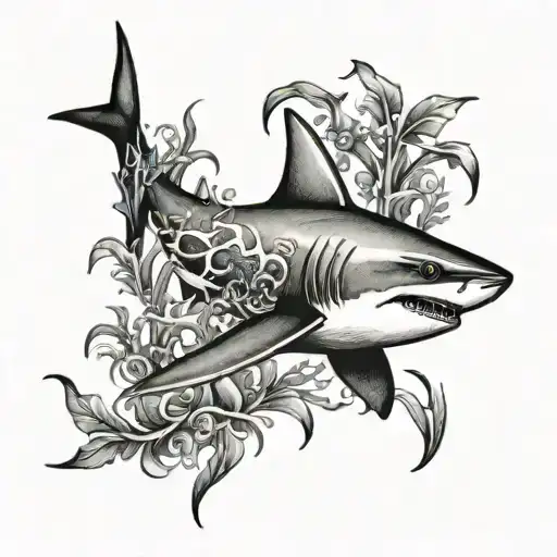 shark swimming thru kelp forest tattoo design idea