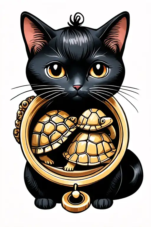 cartoon black cat and tortoise hair cat in locket simple tattoo design idea